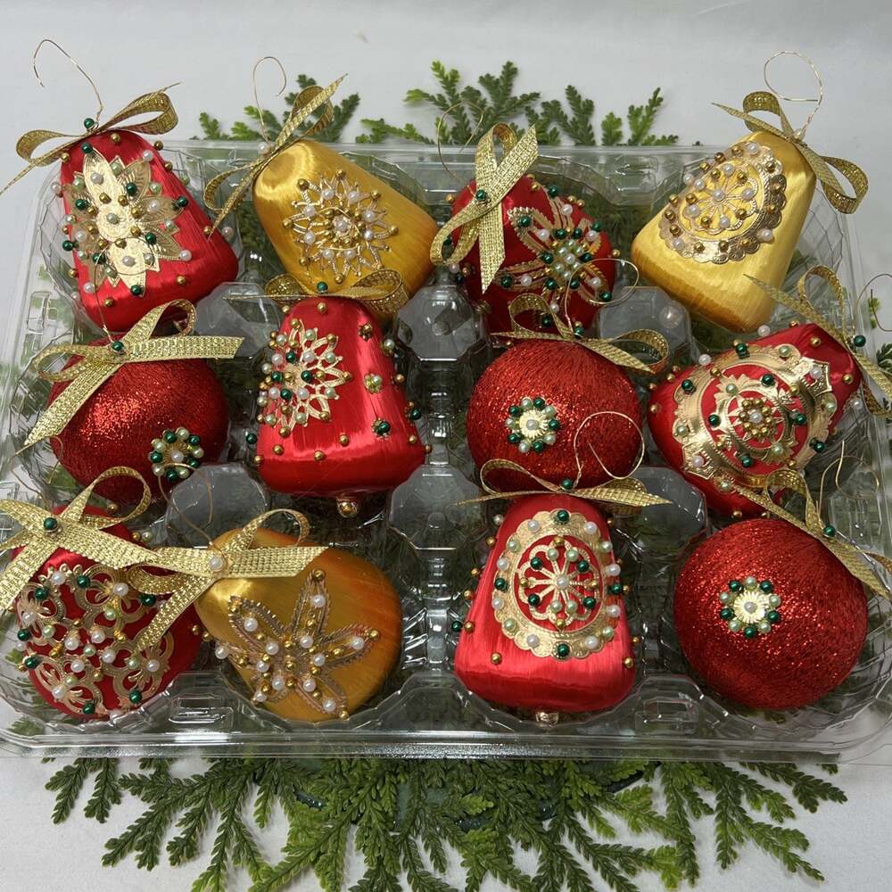 Lot of 12 Vintage Satin Thread Christmas Ornaments Bells & Balls Push Pin